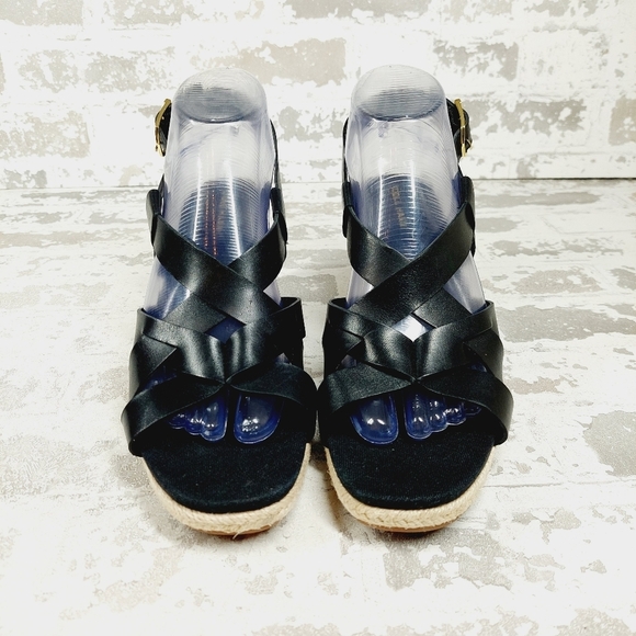 NEW Cole Haan Crystal Black Leather Buckle Sling Back Summer Wedge Sandals H328 - Picture 3 of 14